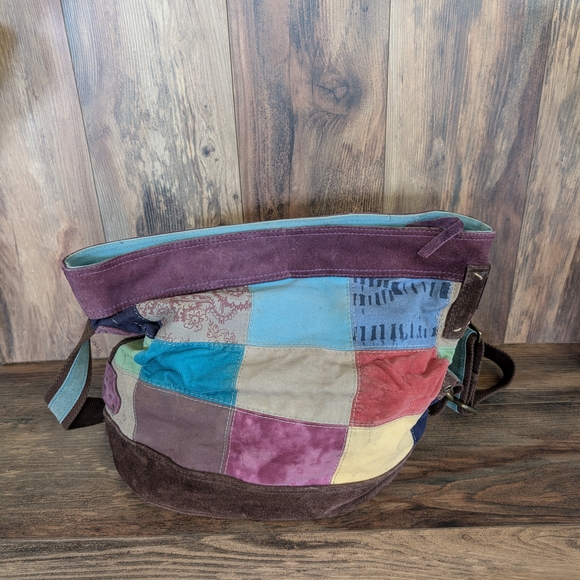 Lucky Brand Oversized Patchwork Suede Canvas Tote Vintage Adjustable Purse Bag - Picture 15 of 15